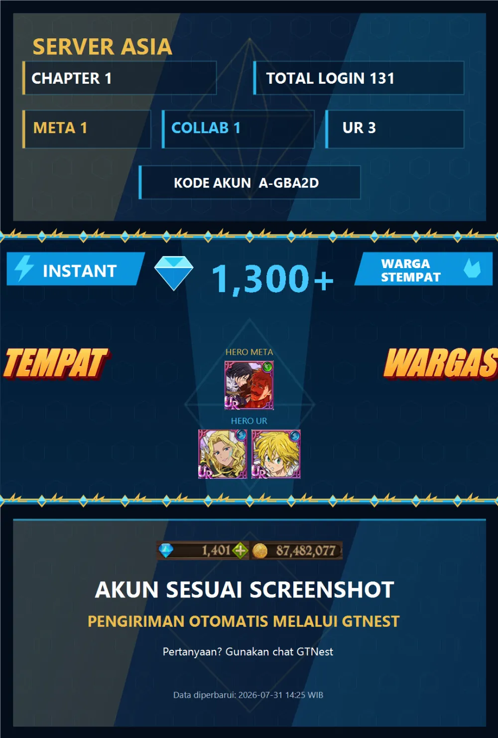 ASIA 1300💎 | MENOR | A-GBA2D | AKUN GACHA STARTER TIMBUNAN 7DS