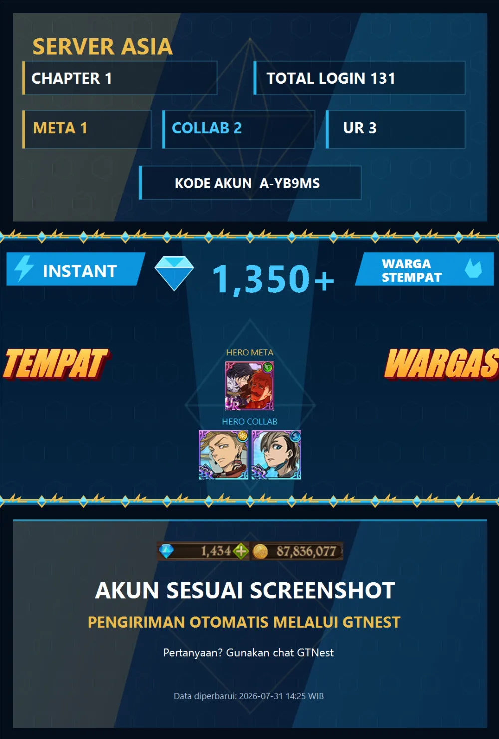 ASIA 1350💎 | MENOR ENJIN | A-YB9MS | AKUN GACHA STARTER TIMBUNAN 7DS
