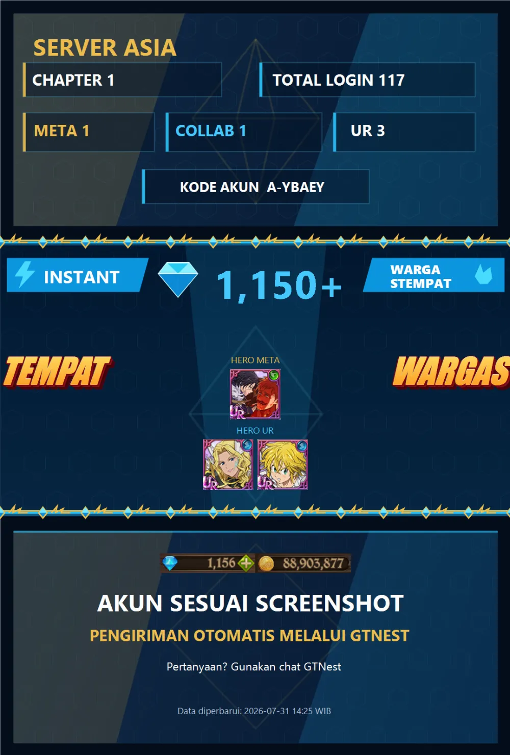 ASIA 1150💎 | MENOR | A-YBAEY | AKUN GACHA STARTER TIMBUNAN 7DS