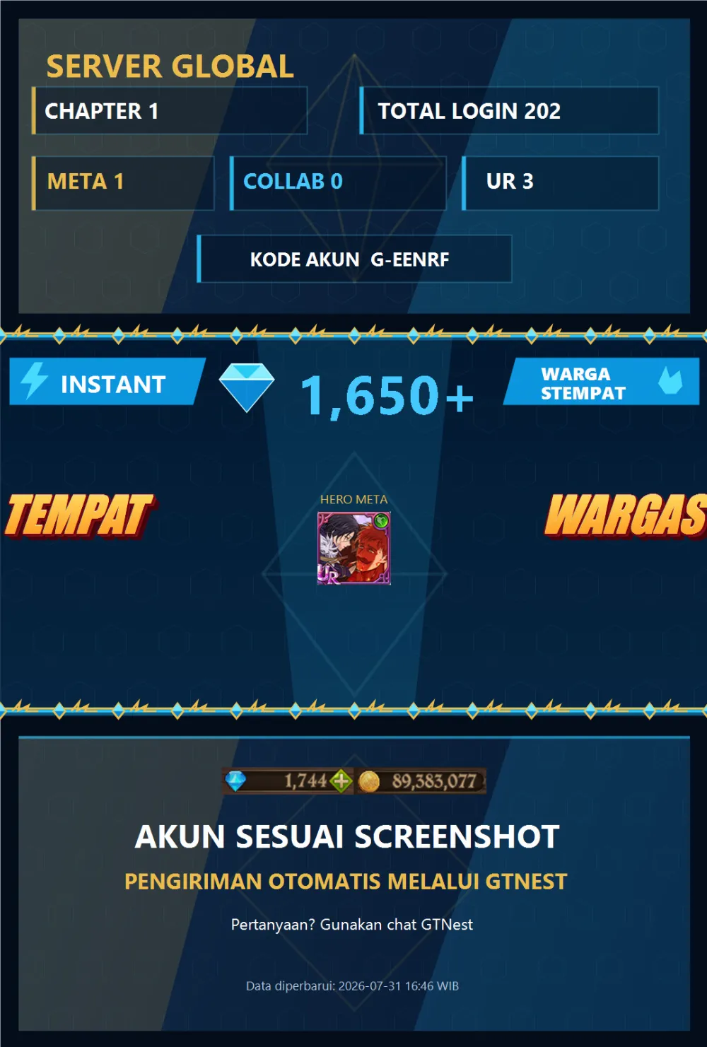 GLOBAL 1650💎 | MENOR | G-EENRF | AKUN GACHA STARTER TIMBUNAN 7DS