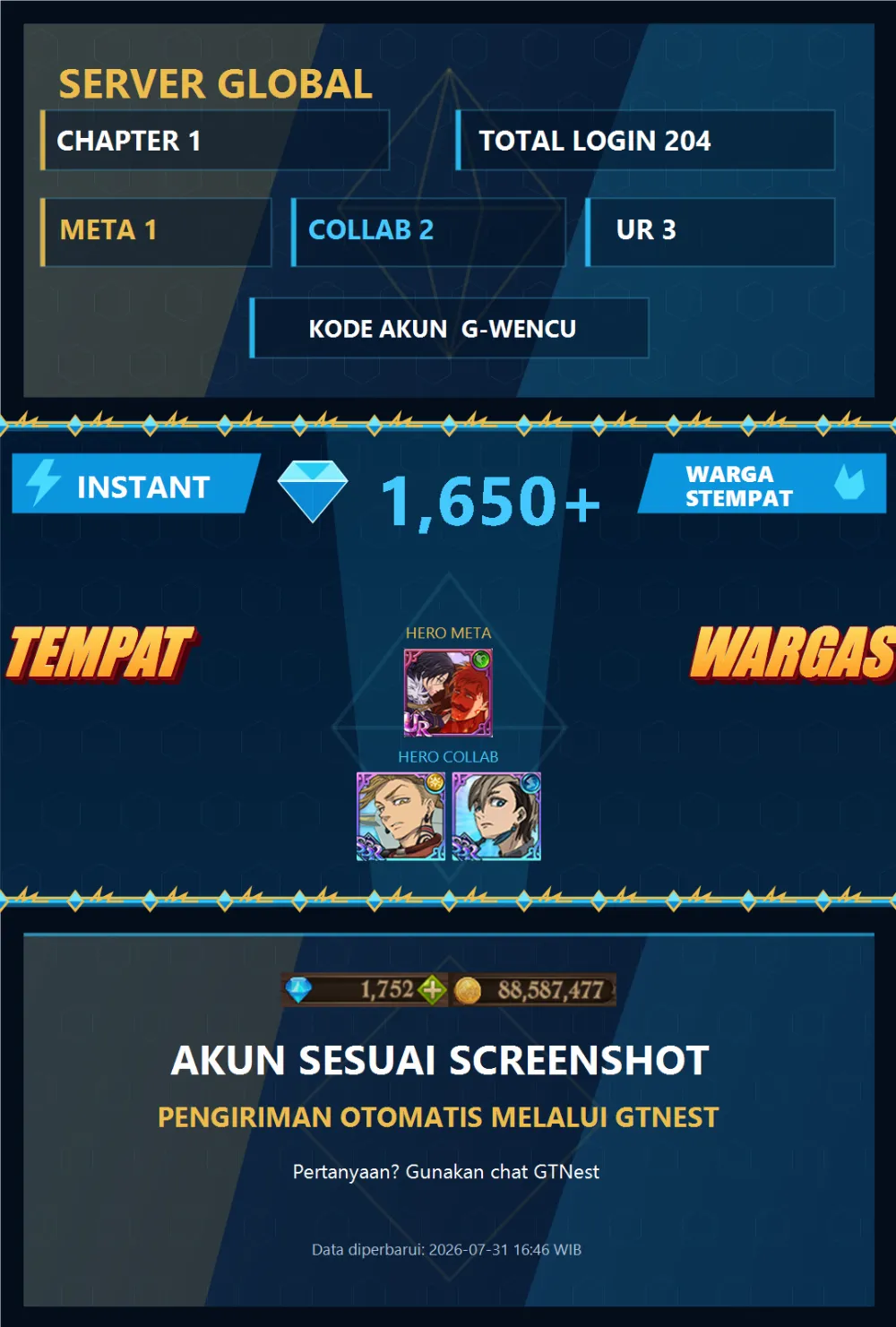 GLOBAL 1650💎 | MENOR ENJIN | G-WENCU | AKUN GACHA STARTER TIMBUNAN 7DS