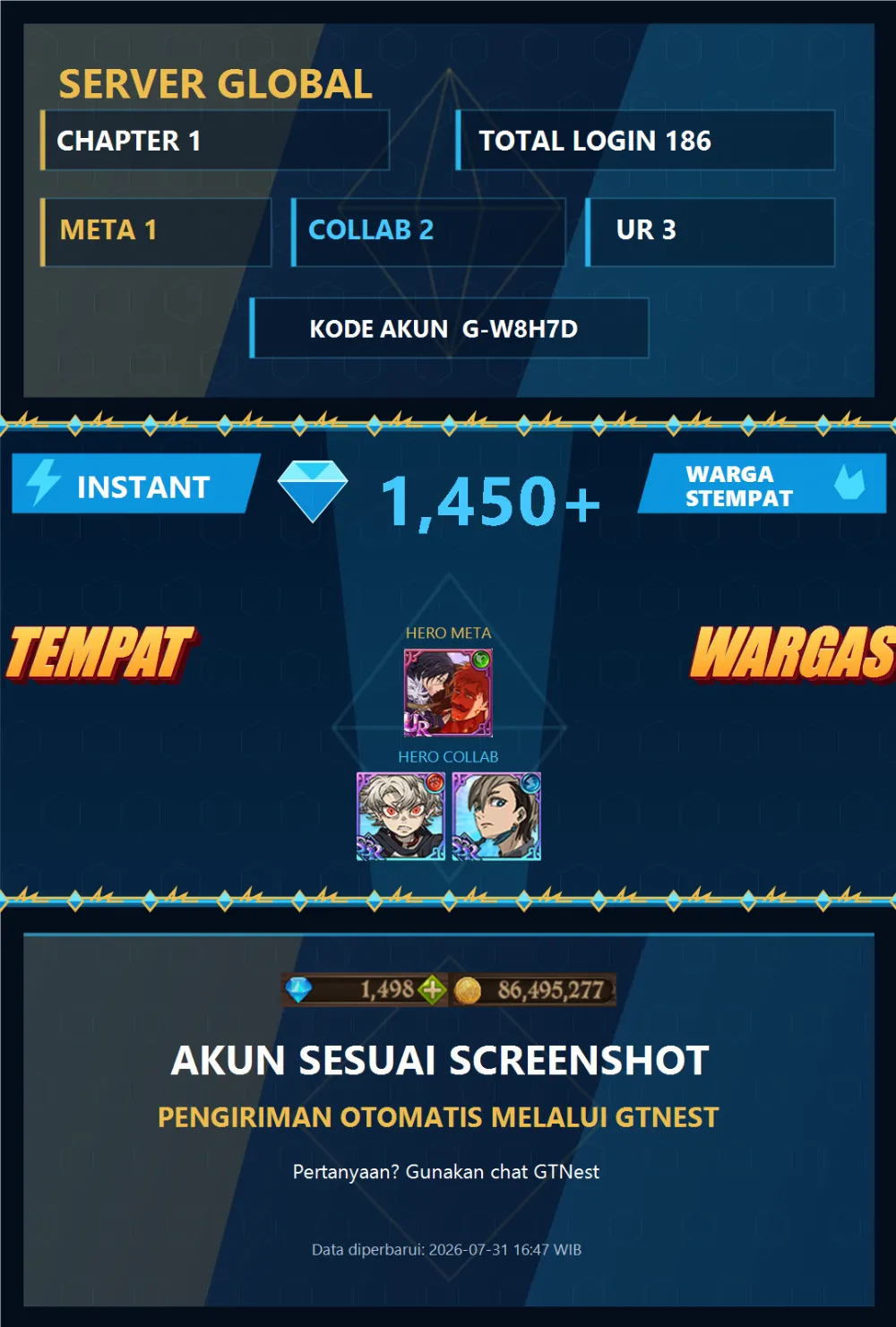 GLOBAL 1450💎 | MENOR GACHIAKUTA | G-W8H7D | AKUN GACHA STARTER TIMBUNAN 7DS
