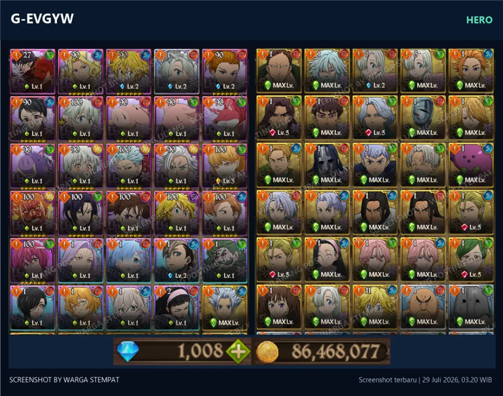 GLOBAL 900💎 | MENOR | G-EVGYW | G-X25RC | AKUN GACHA STARTER TIMBUNAN 7DS