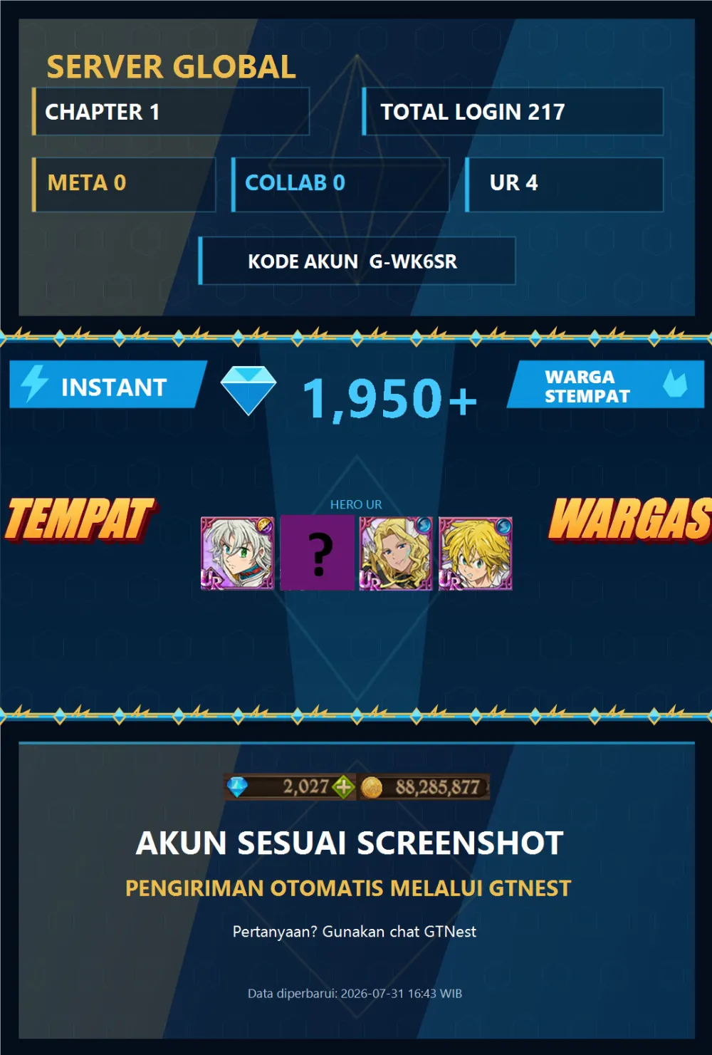 GLOBAL 1950💎 | TRISTAN | G-EK5LY | G-WK6SR | AKUN GACHA STARTER TIMBUNAN 7DS