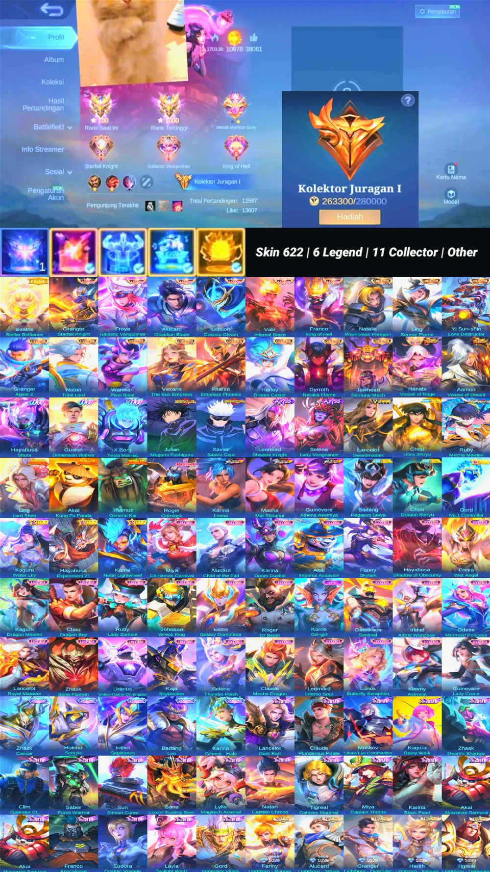 Skin 622 | 6 Legend | 11 Collector | Full Skin KungFuPanda | 2 Vessel | 2 Jujutsu | 2 Abyss