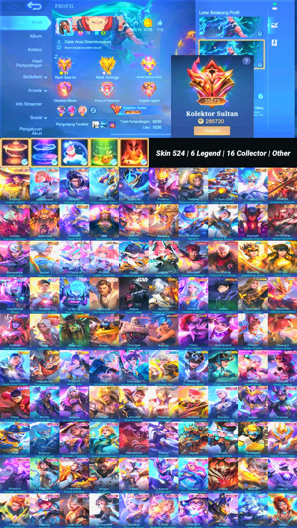 World Collector | Skin 524 | 6 Legend | 16 Collector | 4 Aspirants | 2 Exorcist | 2 Saint Seiya