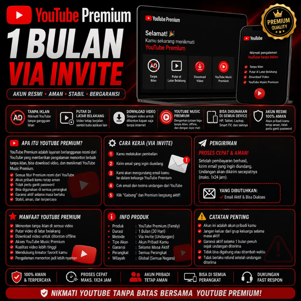 YOUTUBE PREMIUM 1 BULAN VIA INVITE