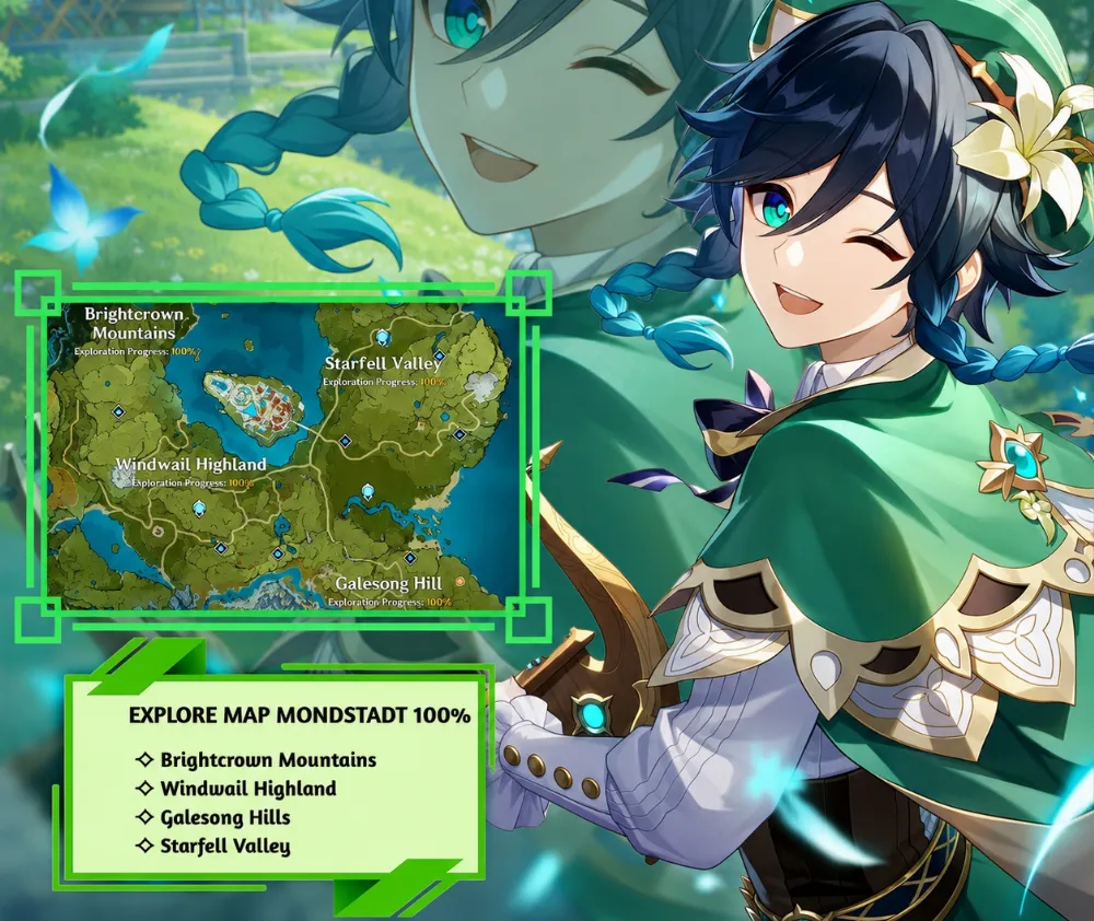 Explore Map Mondstadt 4 Wilayah 100%